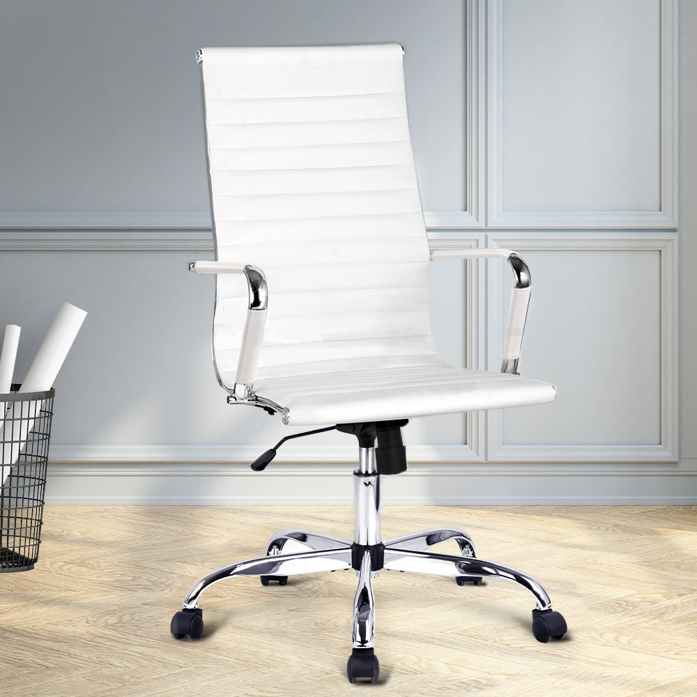 Artiss High Back White PU Leather Office Chair with Rack