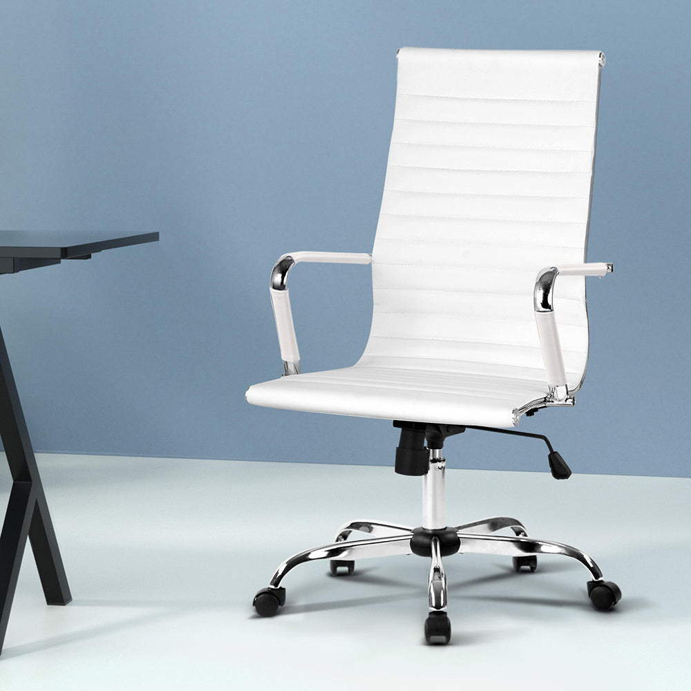 Artiss High Back White PU Leather Office Chair with Rack