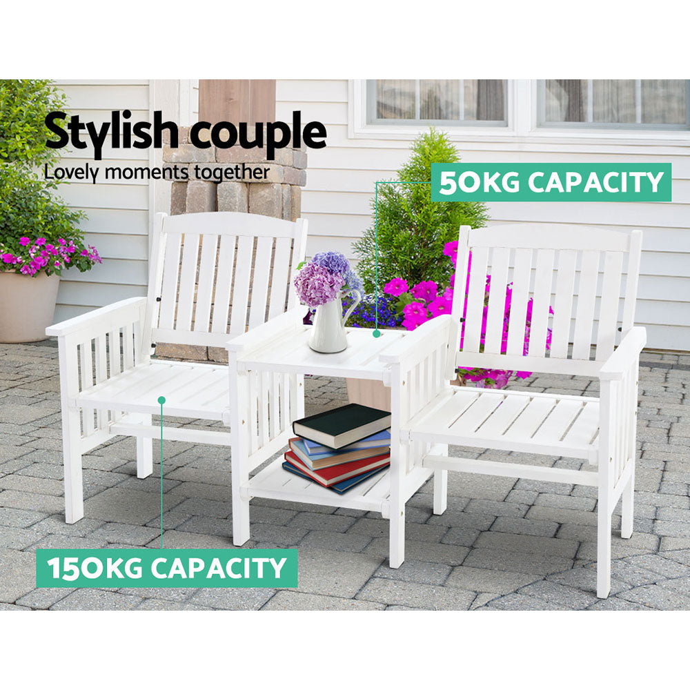 Gardeon White Wooden Garden Bench with Table | Outdoor Loveseat