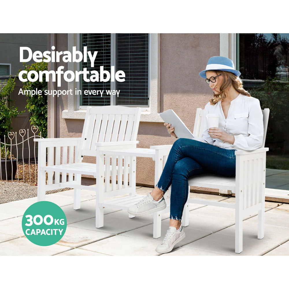 Gardeon White Wooden Garden Bench with Table | Outdoor Loveseat