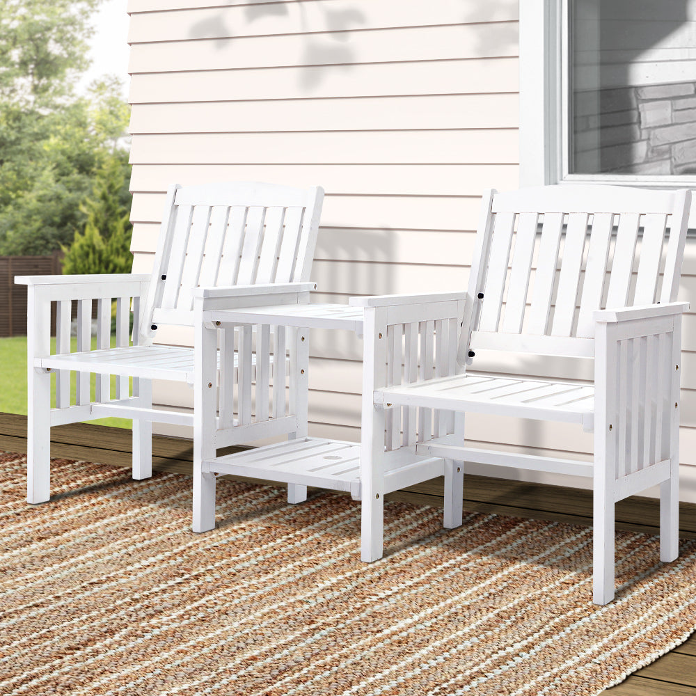 Gardeon White Wooden Garden Bench with Table | Outdoor Loveseat