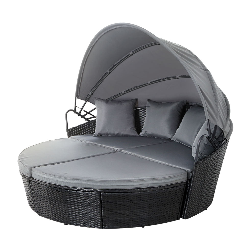 Gardeon Outdoor Wicker Sun Lounge Daybed with Canopy | Black