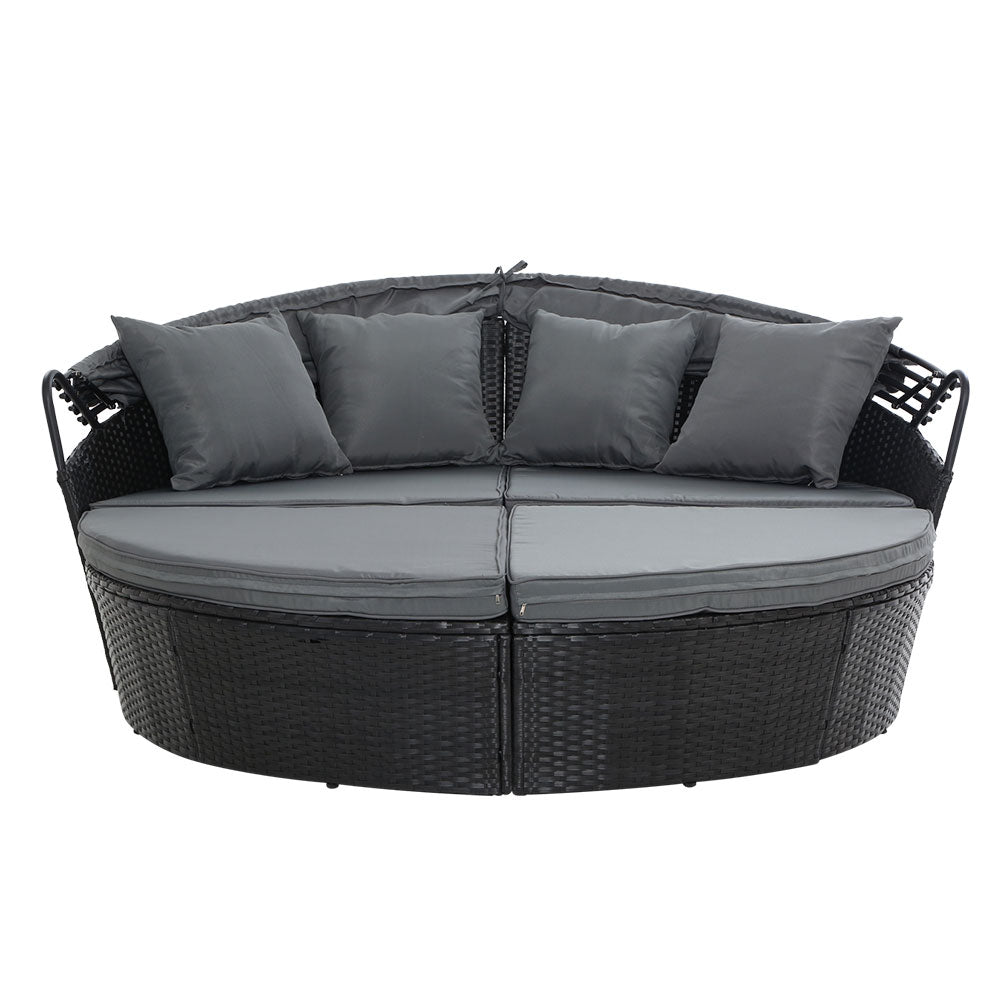 Gardeon Outdoor Wicker Sun Lounge Daybed with Canopy | Black