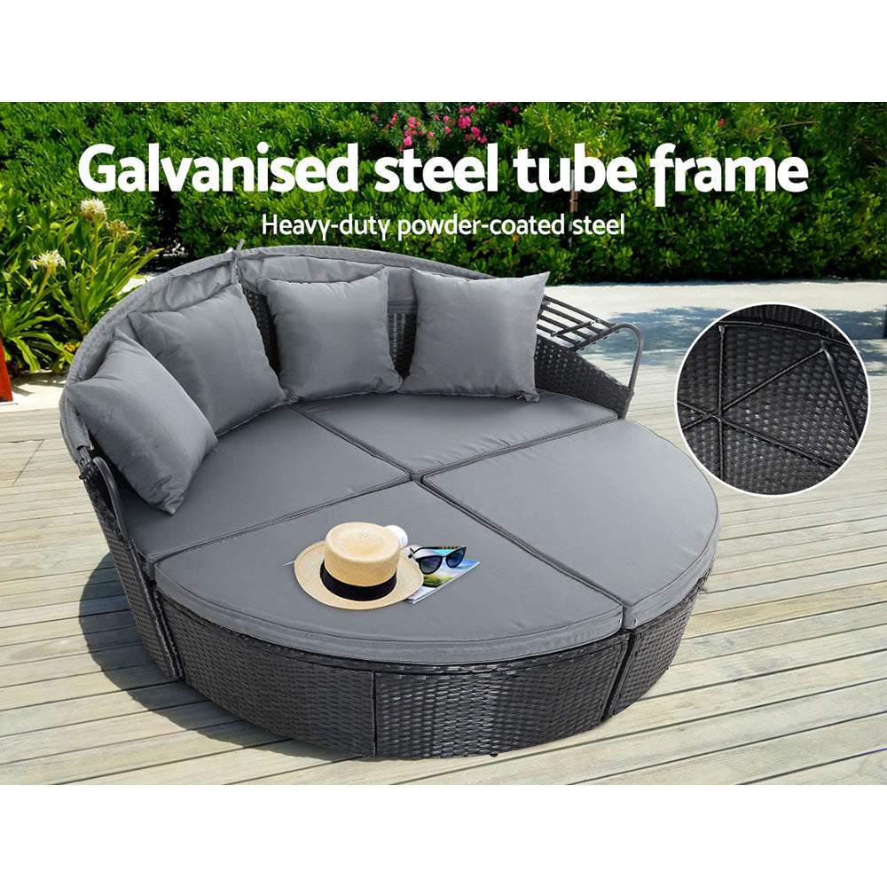 Gardeon Outdoor Wicker Sun Lounge Daybed with Canopy | Black