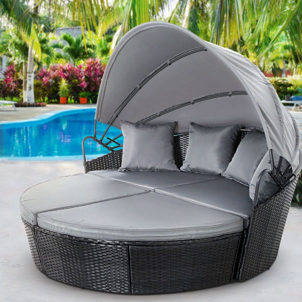 Gardeon Outdoor Wicker Sun Lounge Daybed with Canopy | Black