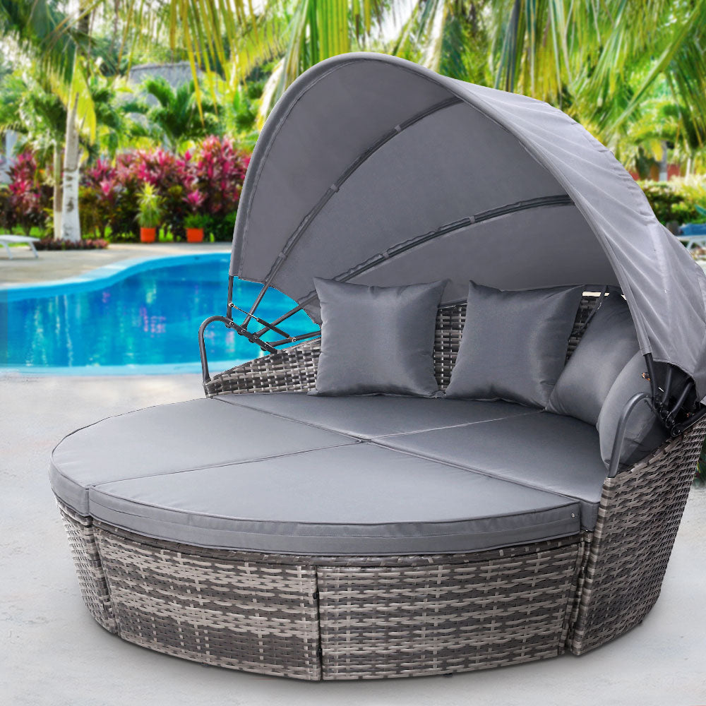 Gardeon Outdoor Wicker Day Bed with Canopy | Grey Sun Lounge