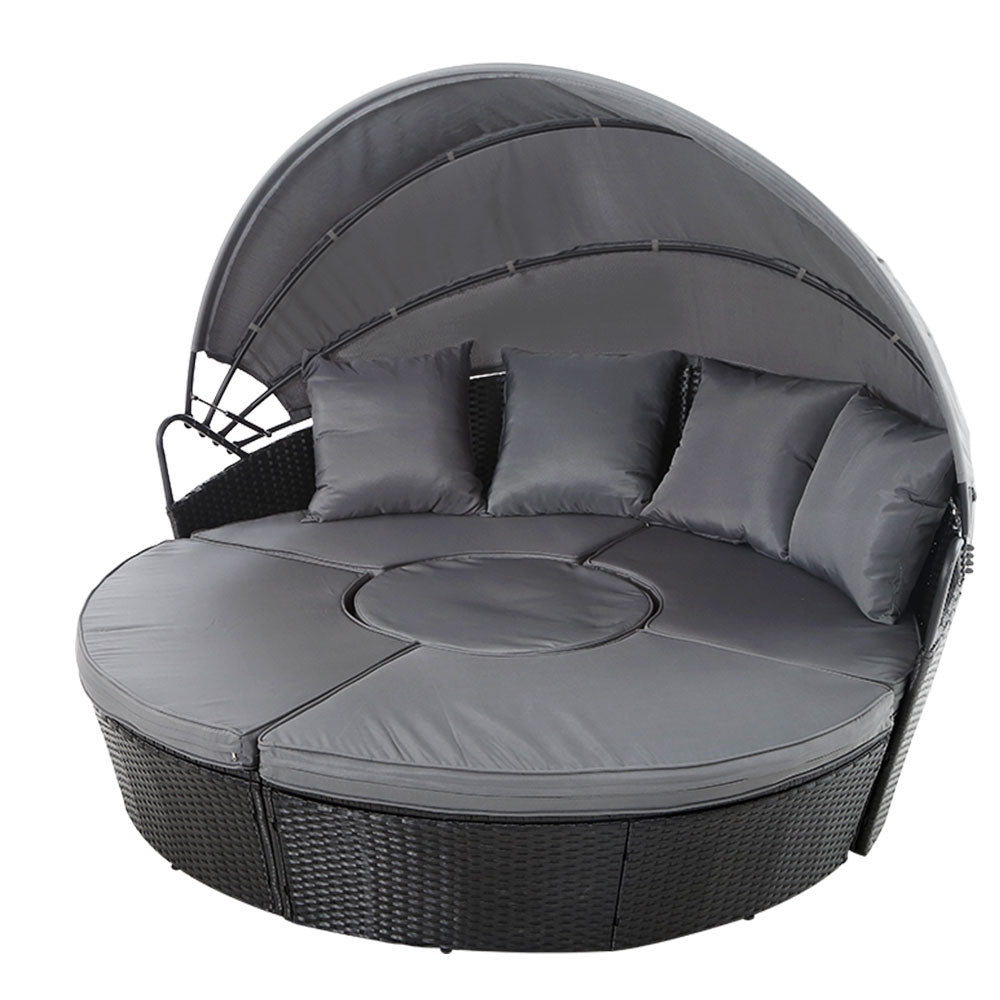 Gardeon Outdoor Wicker Day Bed with Canopy | Black Patio Lounger