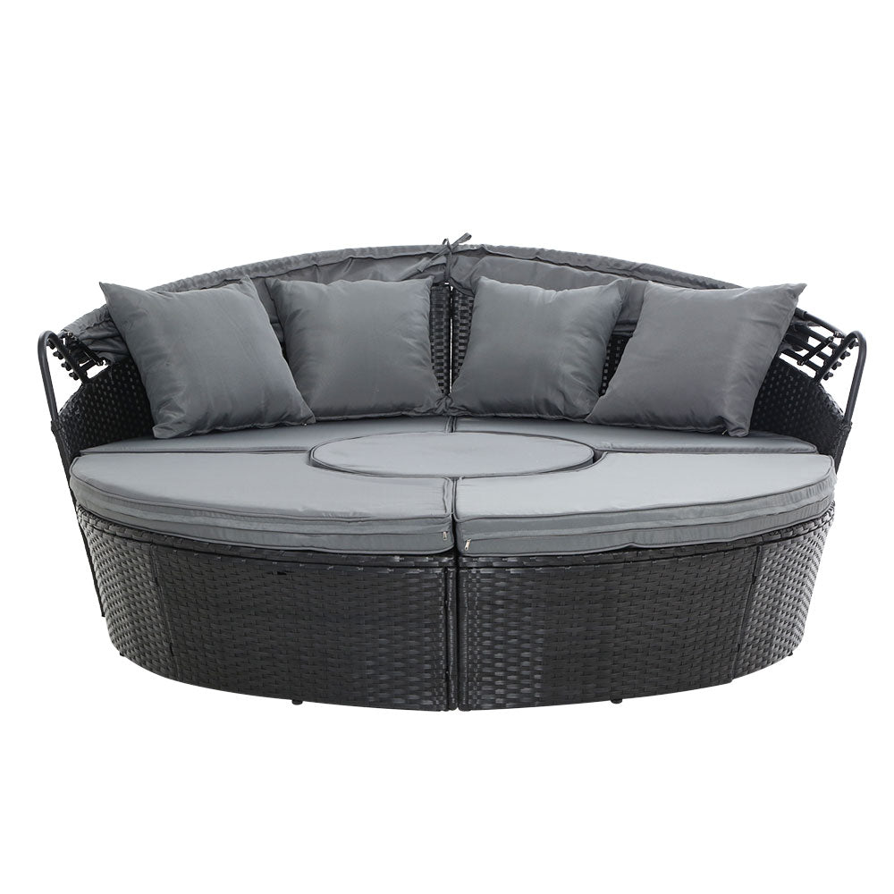 Gardeon Outdoor Wicker Day Bed with Canopy | Black Patio Lounger