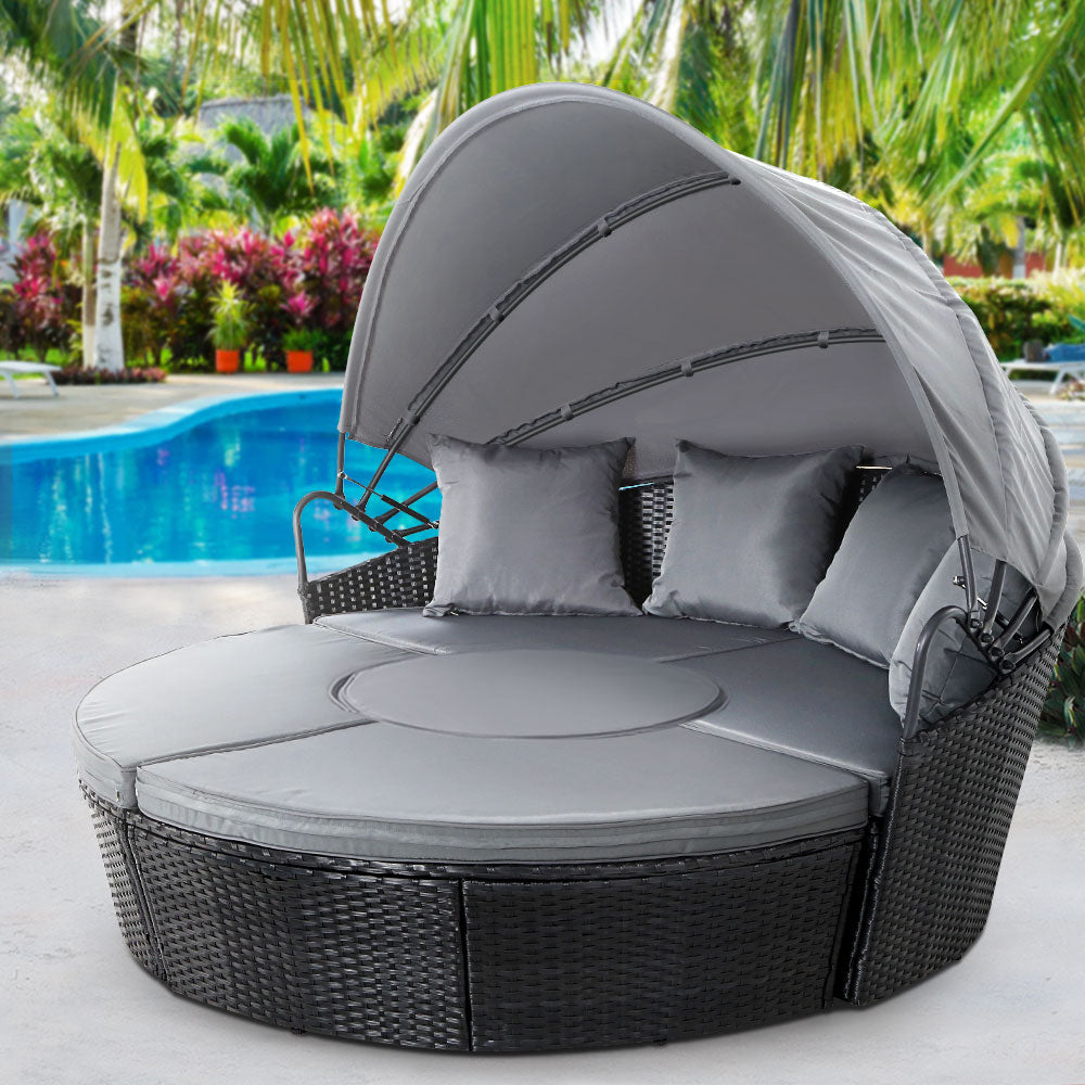 Gardeon Outdoor Wicker Day Bed with Canopy | Black Patio Lounger