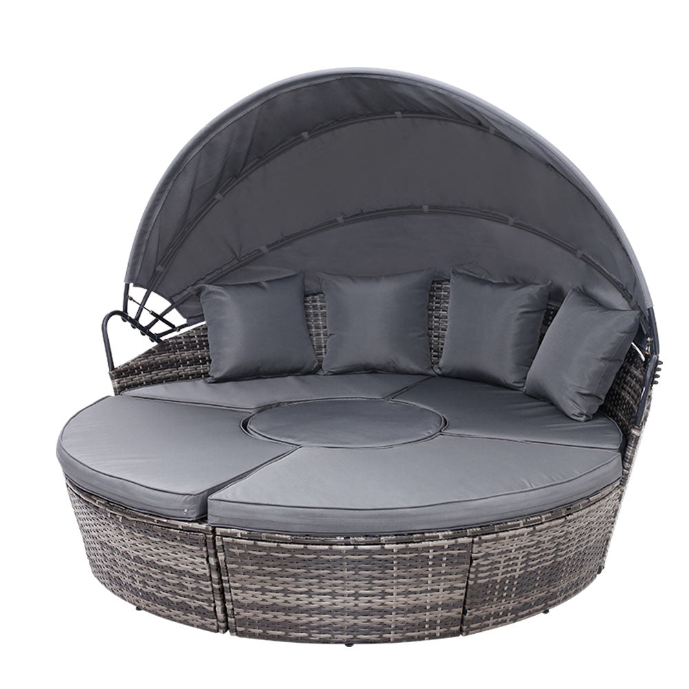 Gardeon Outdoor Wicker Lounger with Canopy | Grey Sun Bed