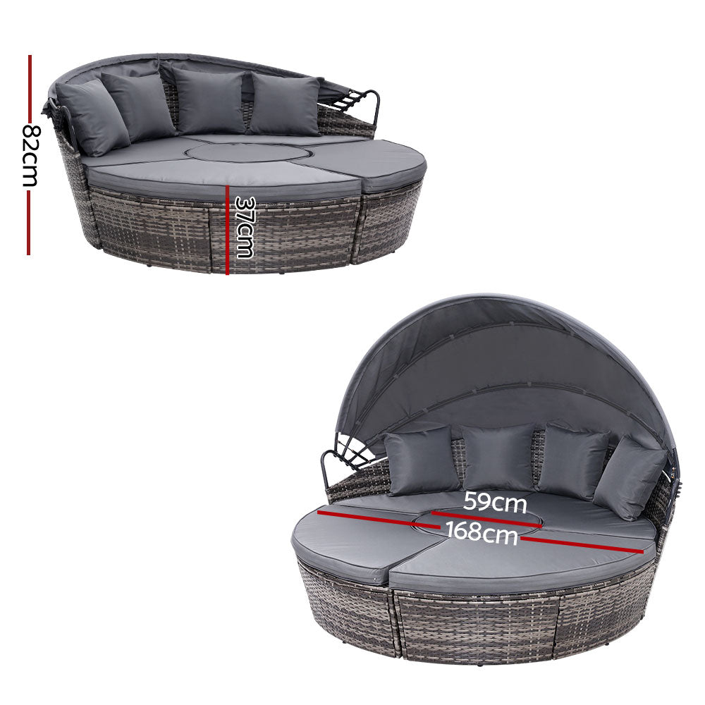 Gardeon Outdoor Wicker Lounger with Canopy | Grey Sun Bed