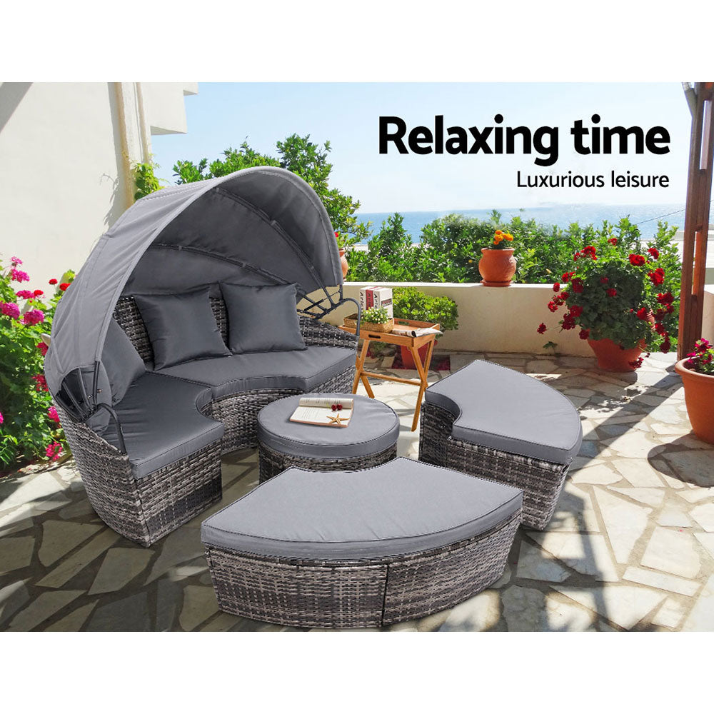 Gardeon Outdoor Wicker Lounger with Canopy | Grey Sun Bed