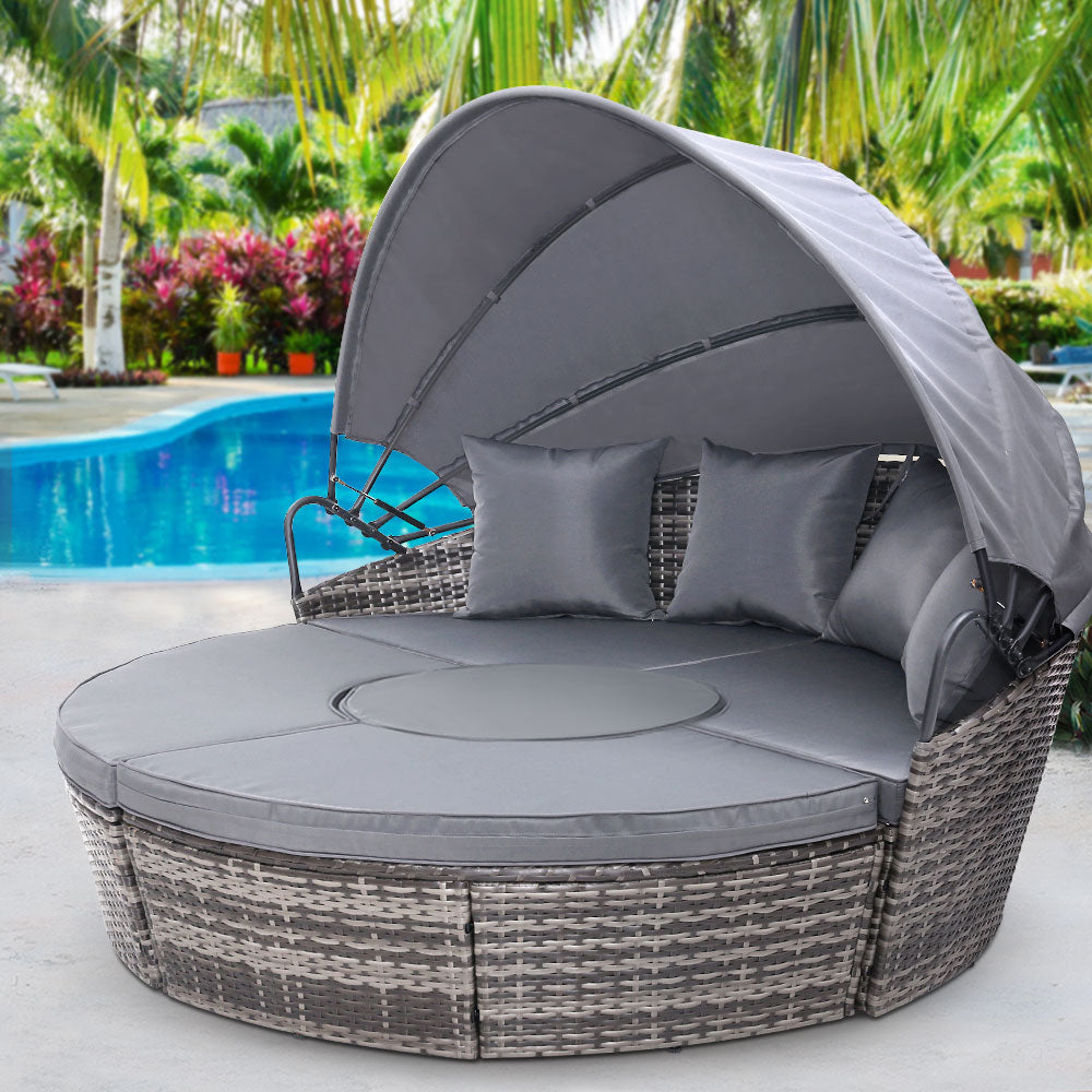 Gardeon Outdoor Wicker Lounger with Canopy | Grey Sun Bed