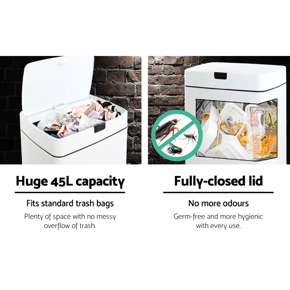 Devanti 45L Motion Sensor Rubbish Bin Automatic White Steel