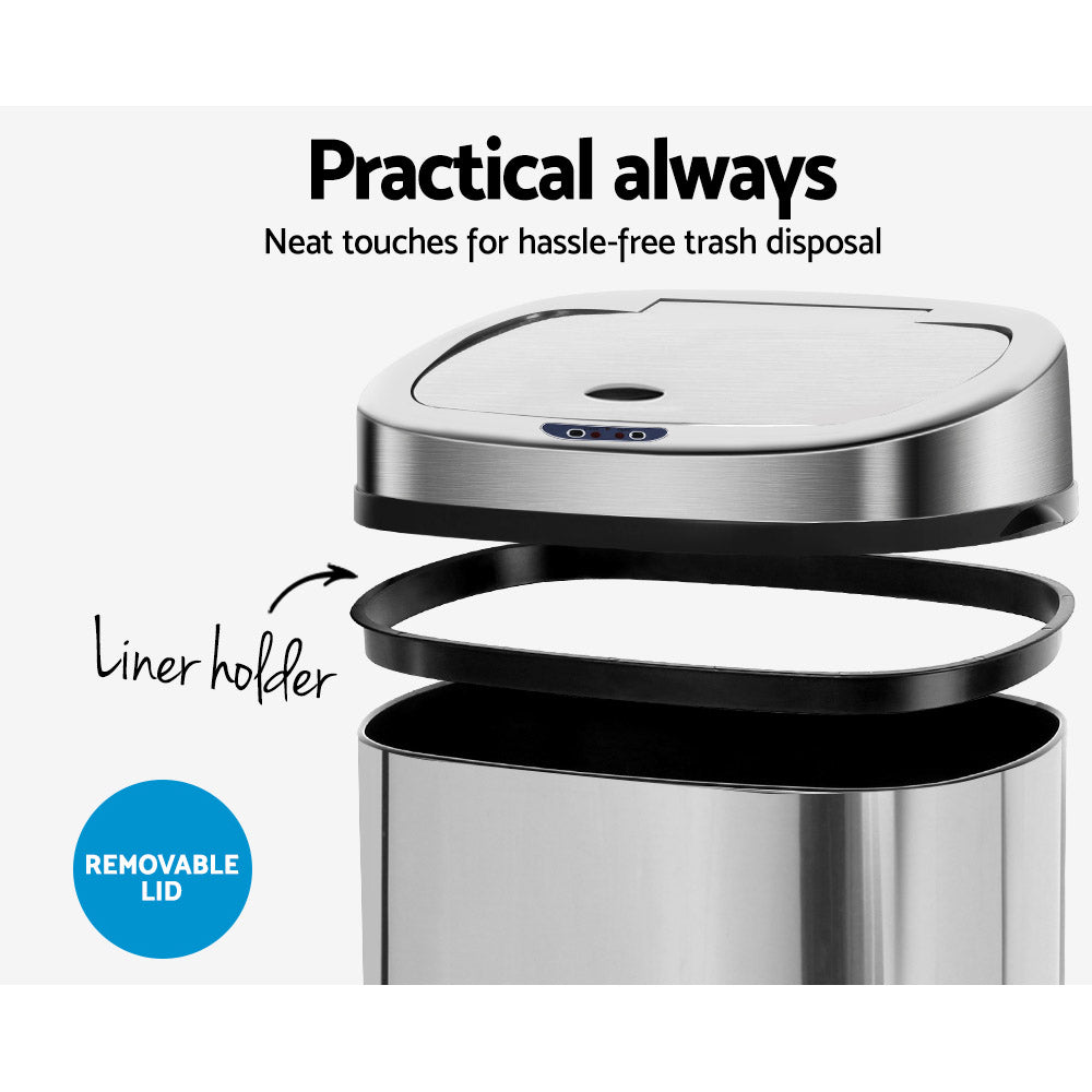 Devanti 50L Motion Sensor Stainless Steel Rubbish Bin