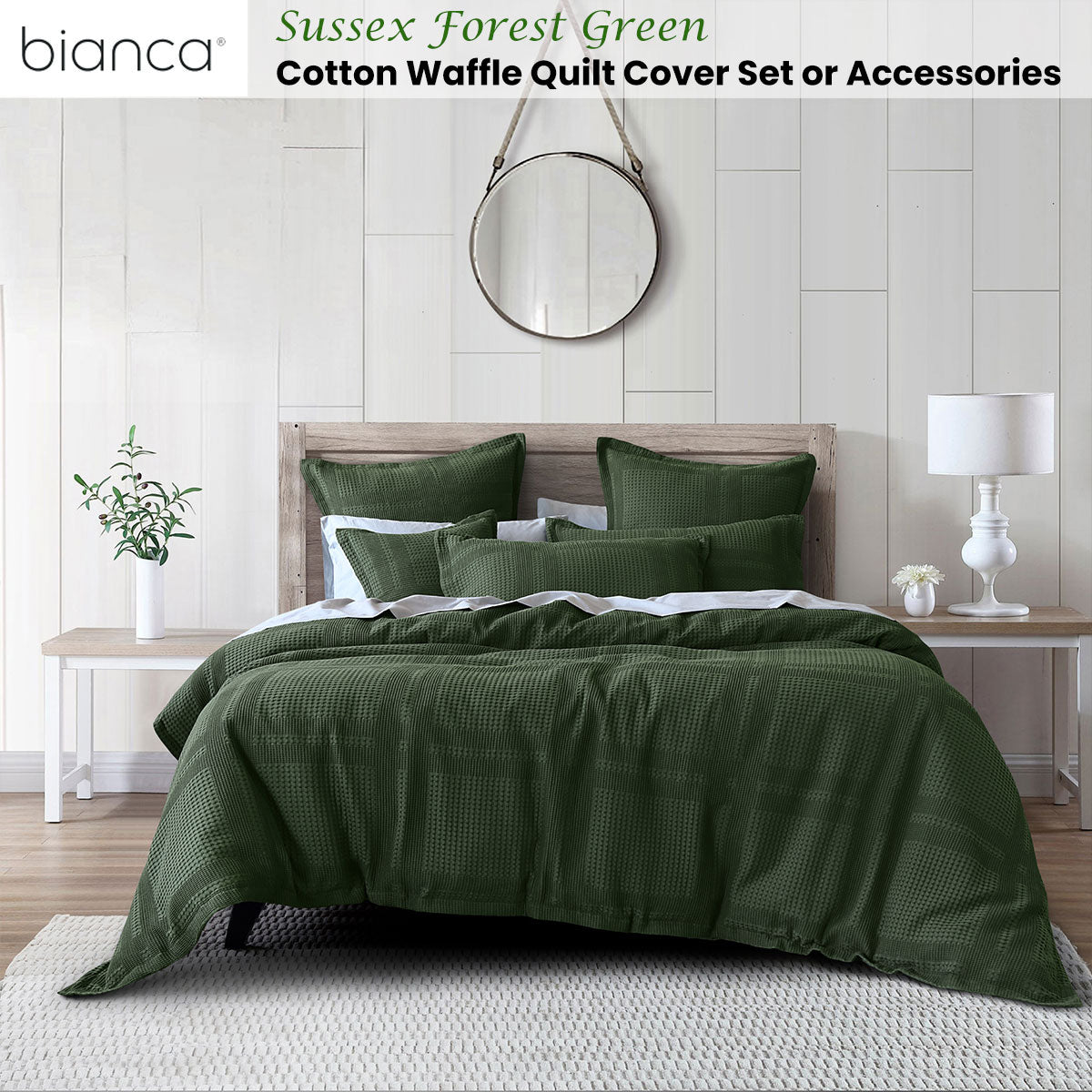 Bianca Sussex Forest Green Cotton Waffle Quilt Cover Set Super King