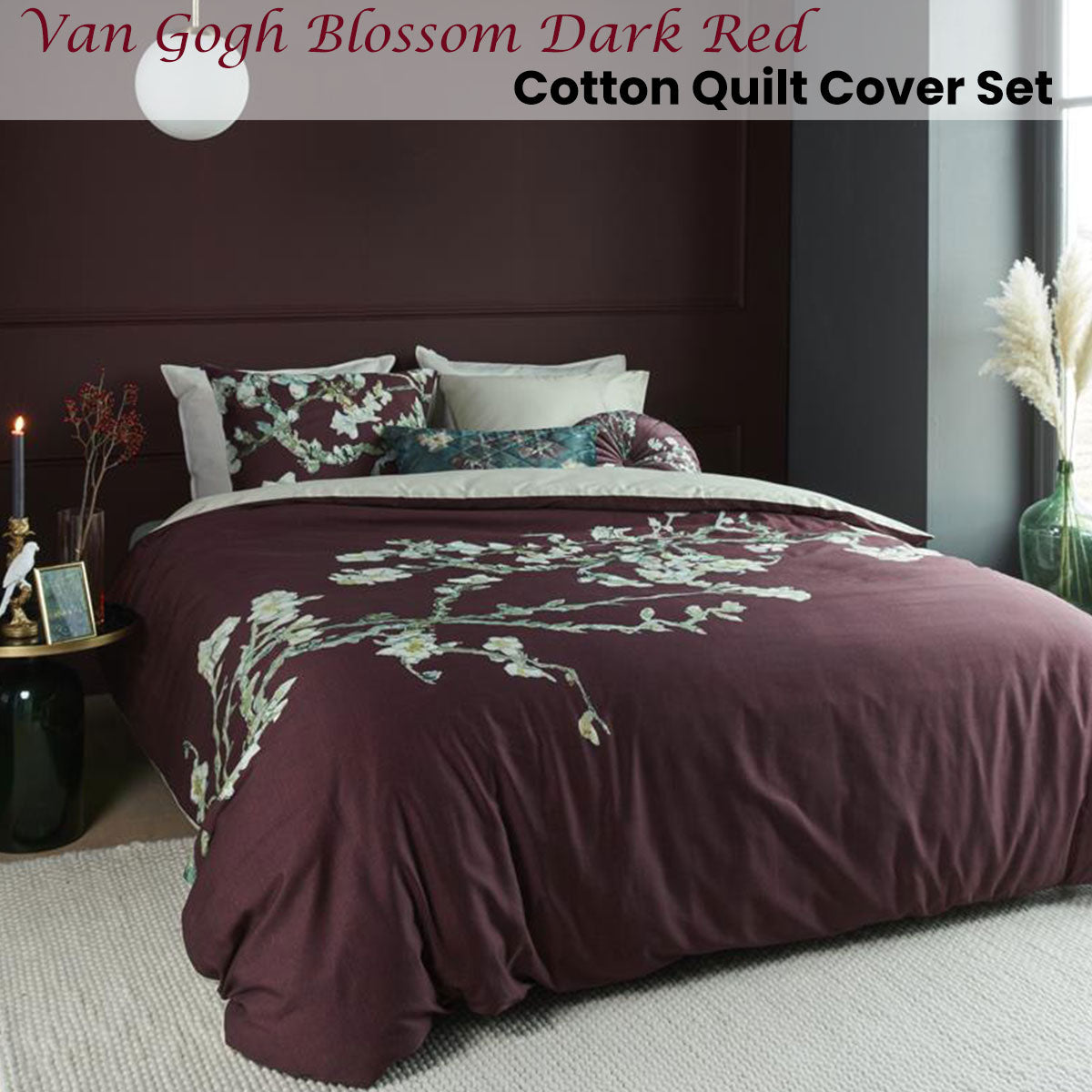 Bedding House Van Gogh Blossom Dark Red Cotton Quilt Cover Set Queen