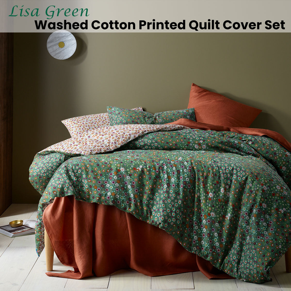 Accessorize Lisa Green Washed Cotton Printed Quilt Cover Set Queen