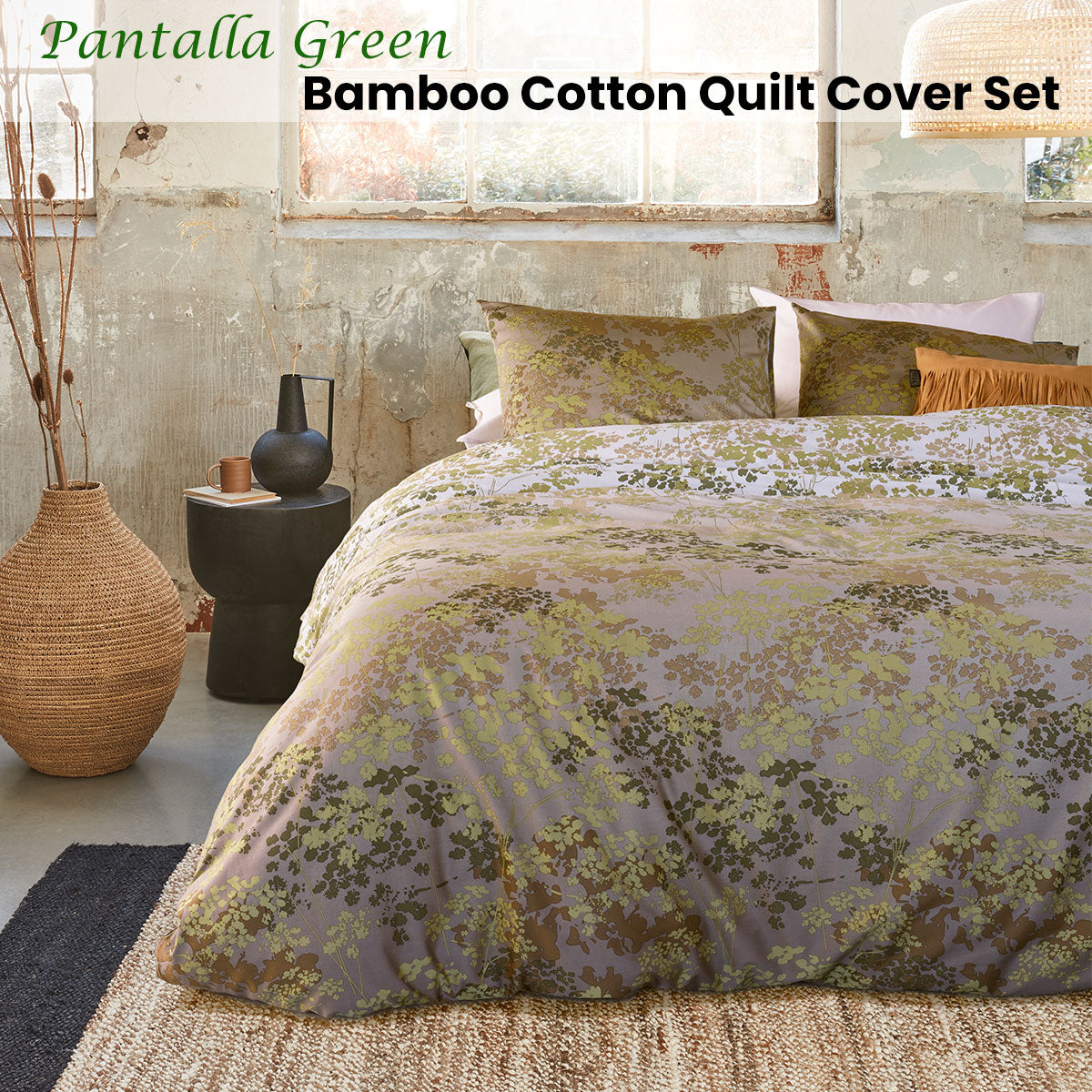 Bedding House Pantalla Green Bamboo Cotton Quilt Cover Set Queen