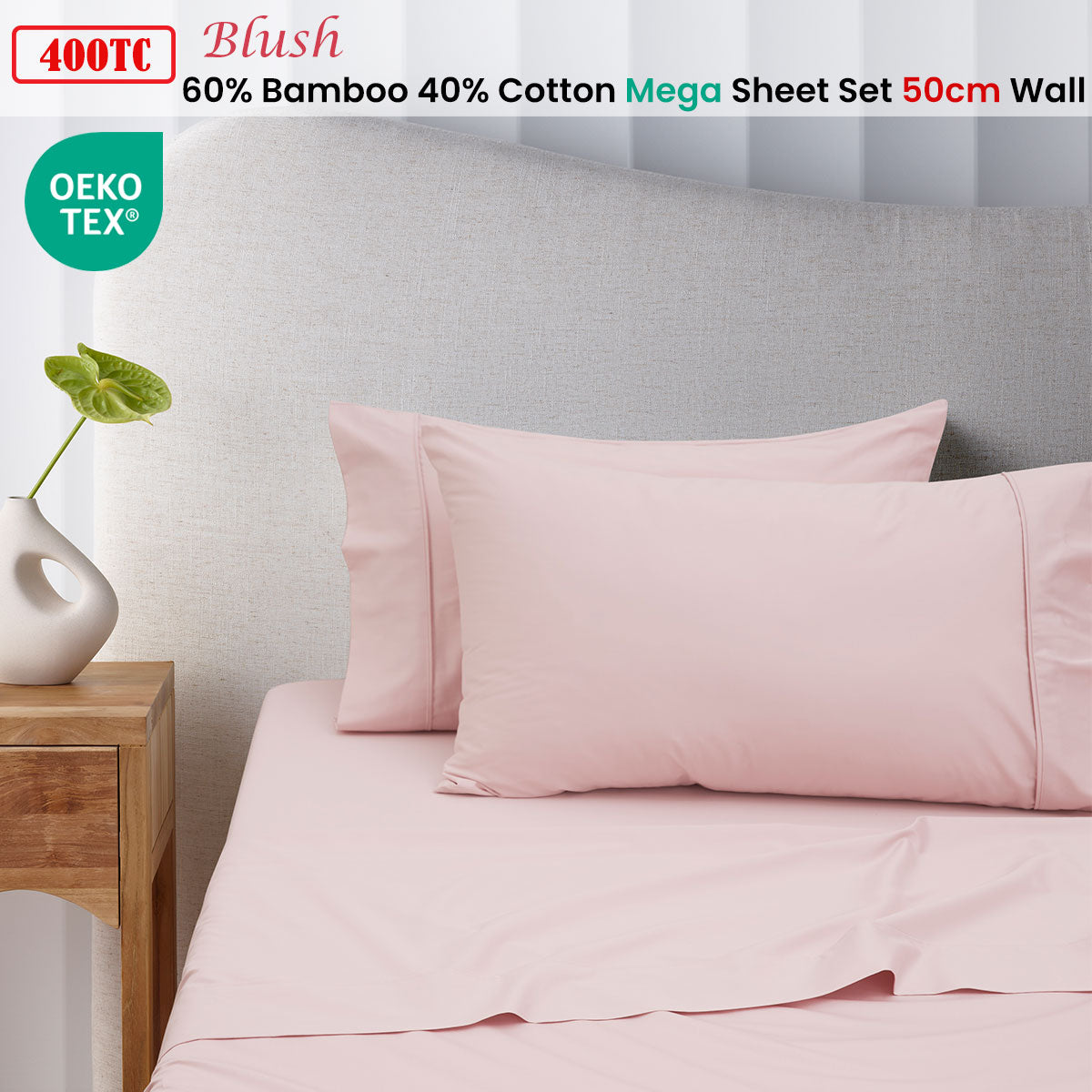 Accessorize 400TC Blush Bamboo Cotton Mega / Super Sheet Set 50cm Wall Queen