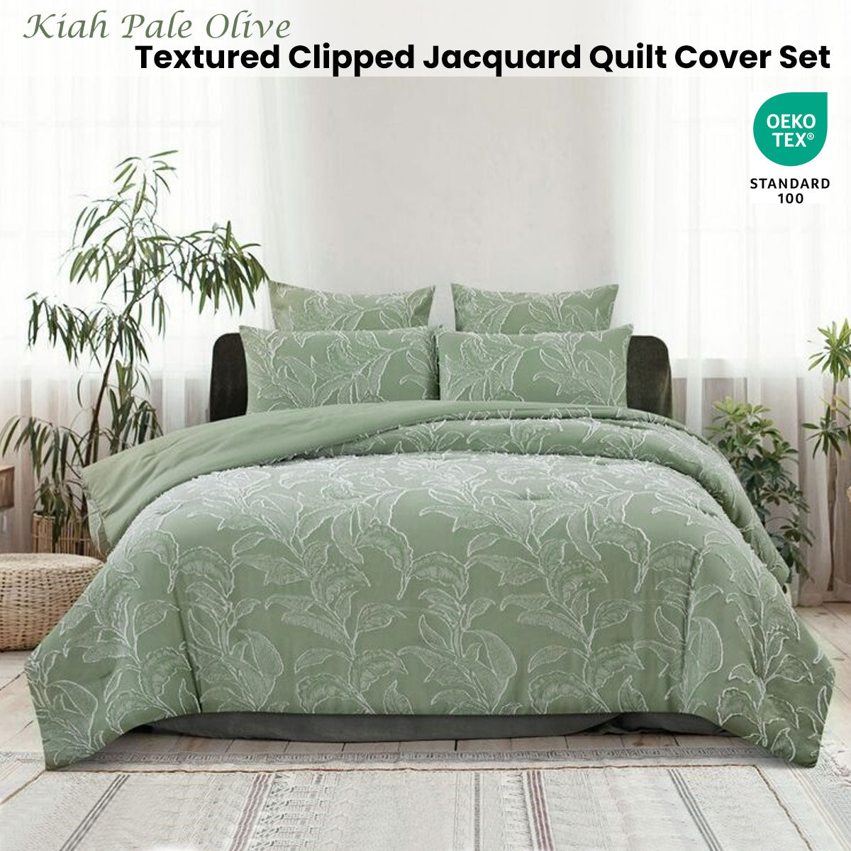 Ardor Kiah Pale Olive Textured Clipped Jacquard Quilt Cover Set King