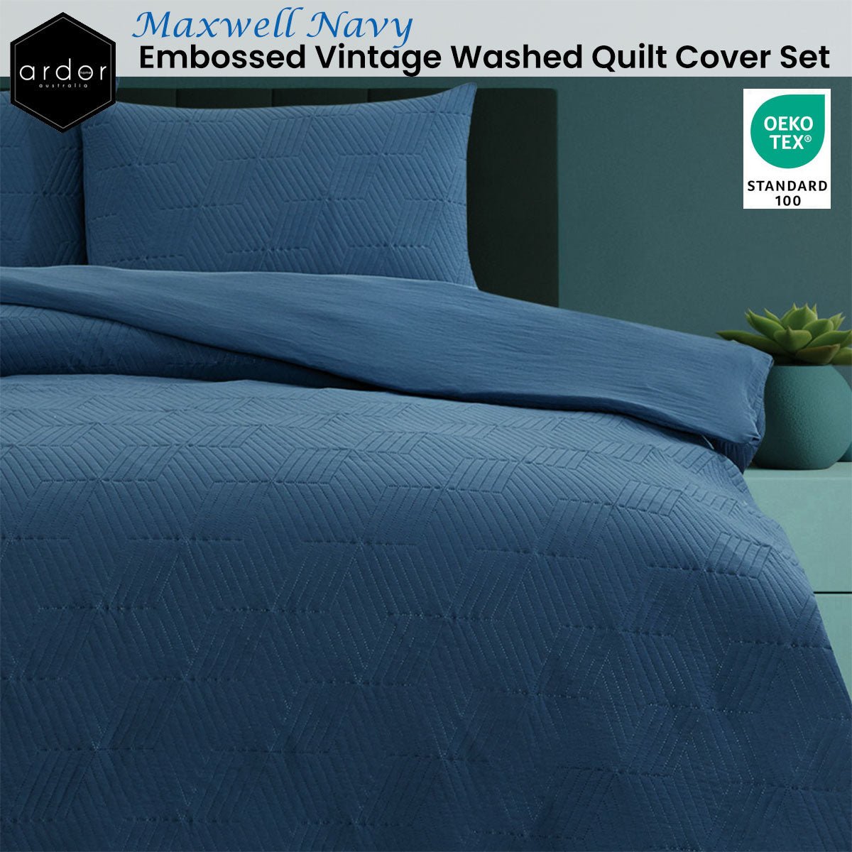 Ardor Maxwell Navy Embossed Vintage Washed Quilt Cover Set King