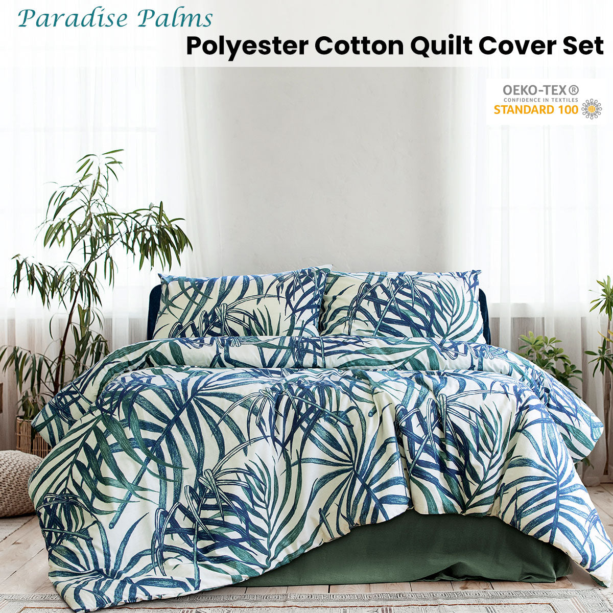 Ardor Palms Blue Polyester Cotton Quilt Cover Set King