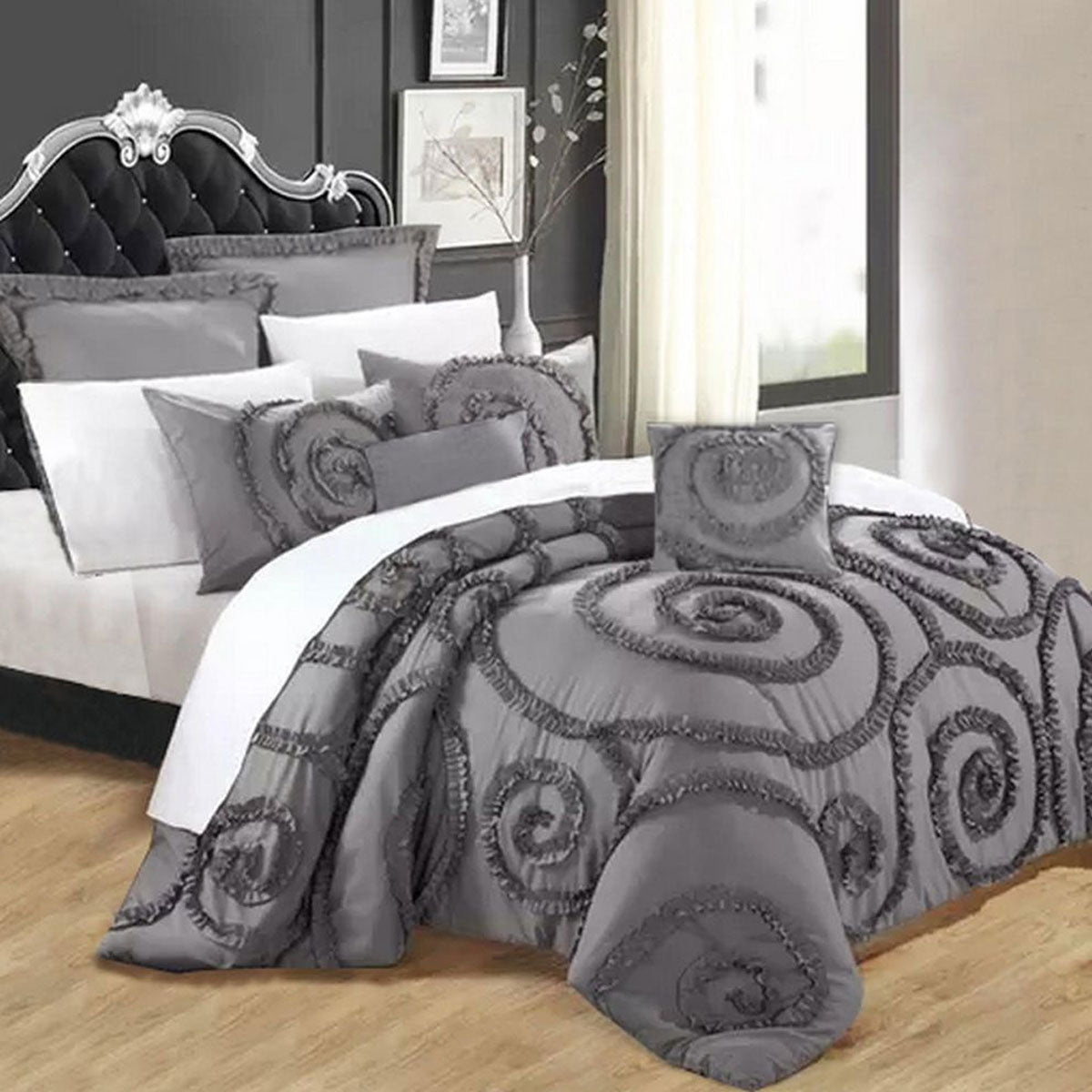 Ramesses Floral Ruffled Charcoal 7 Pcs Deluxe Comforter Set Queen