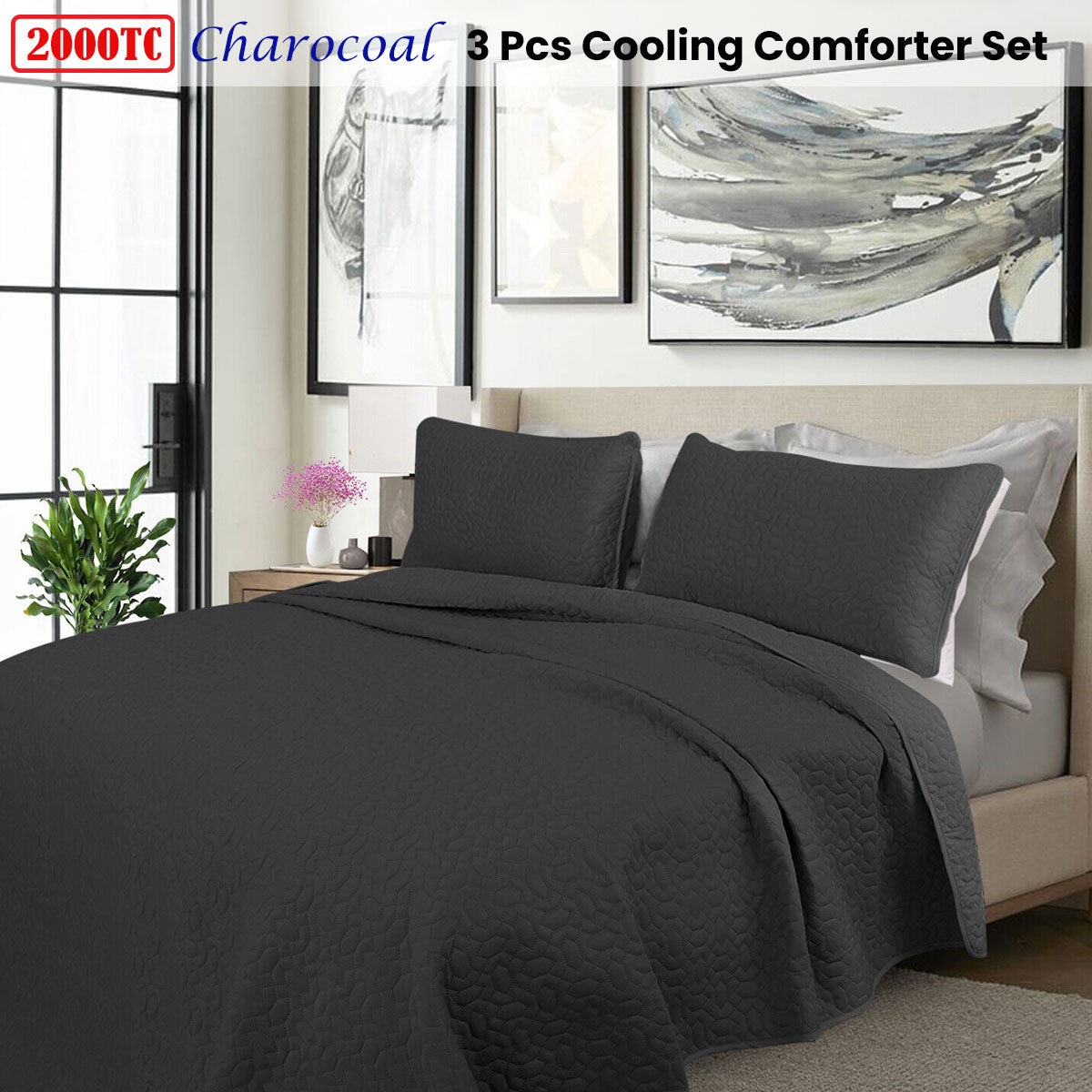 Shangri La 2000TC Charcoal Cooling Embroidered 3 Pcs Comforter Set Queen