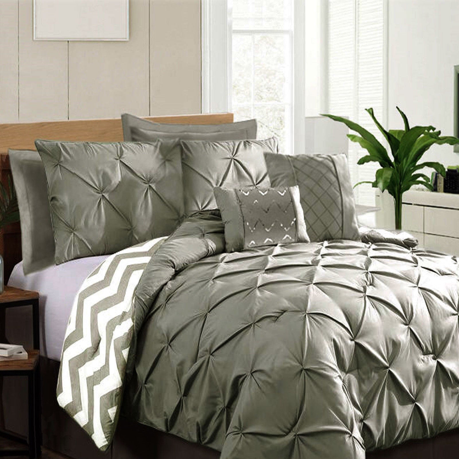 Ramesses 7 Piece Pinch Pleat Comforter Set Grey Queen