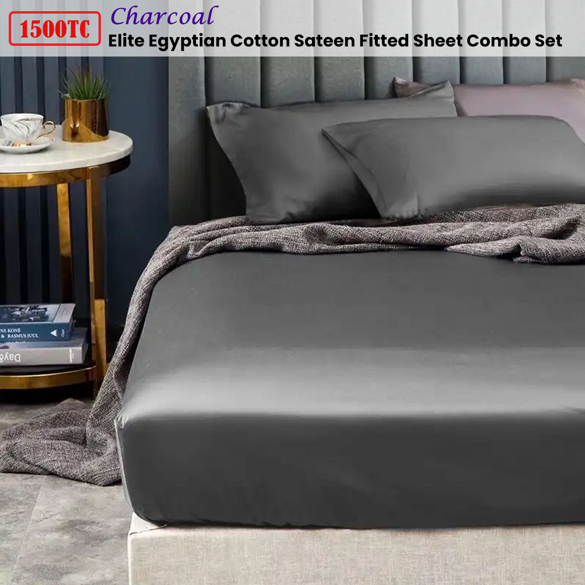 Ramesses 1500TC Elite Egyptian Cotton Sateen Fitted Sheet Combo Set Charcoal Mega Queen