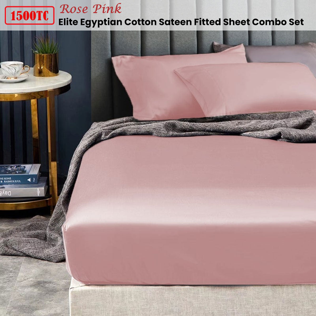 Ramesses 1500TC Elite Egyptian Cotton Sateen Fitted Sheet Combo Set Rose Pink Double