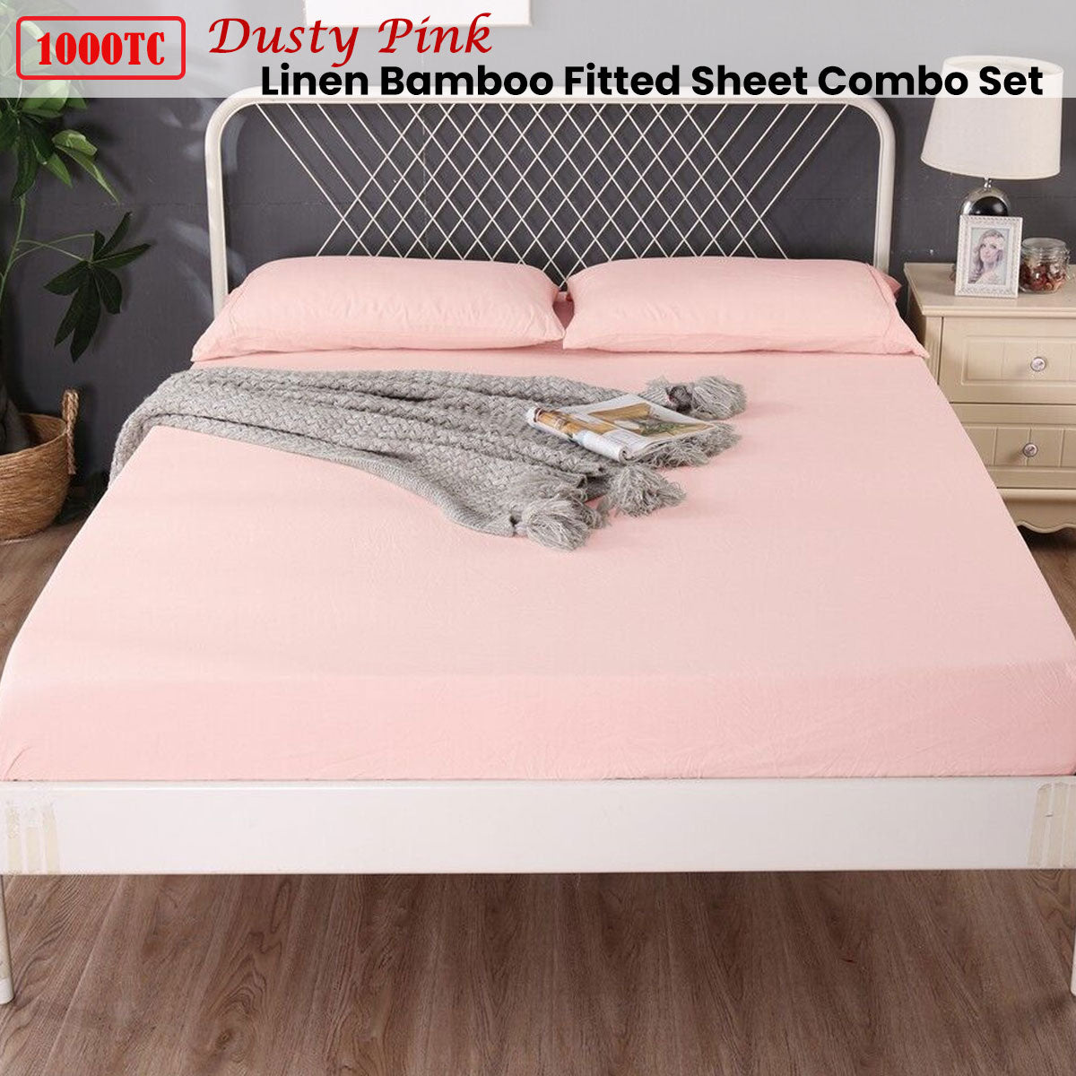 Ramesses 1000TC Linen Bamboo Fitted Sheet Combo Set Dusty Pink Queen