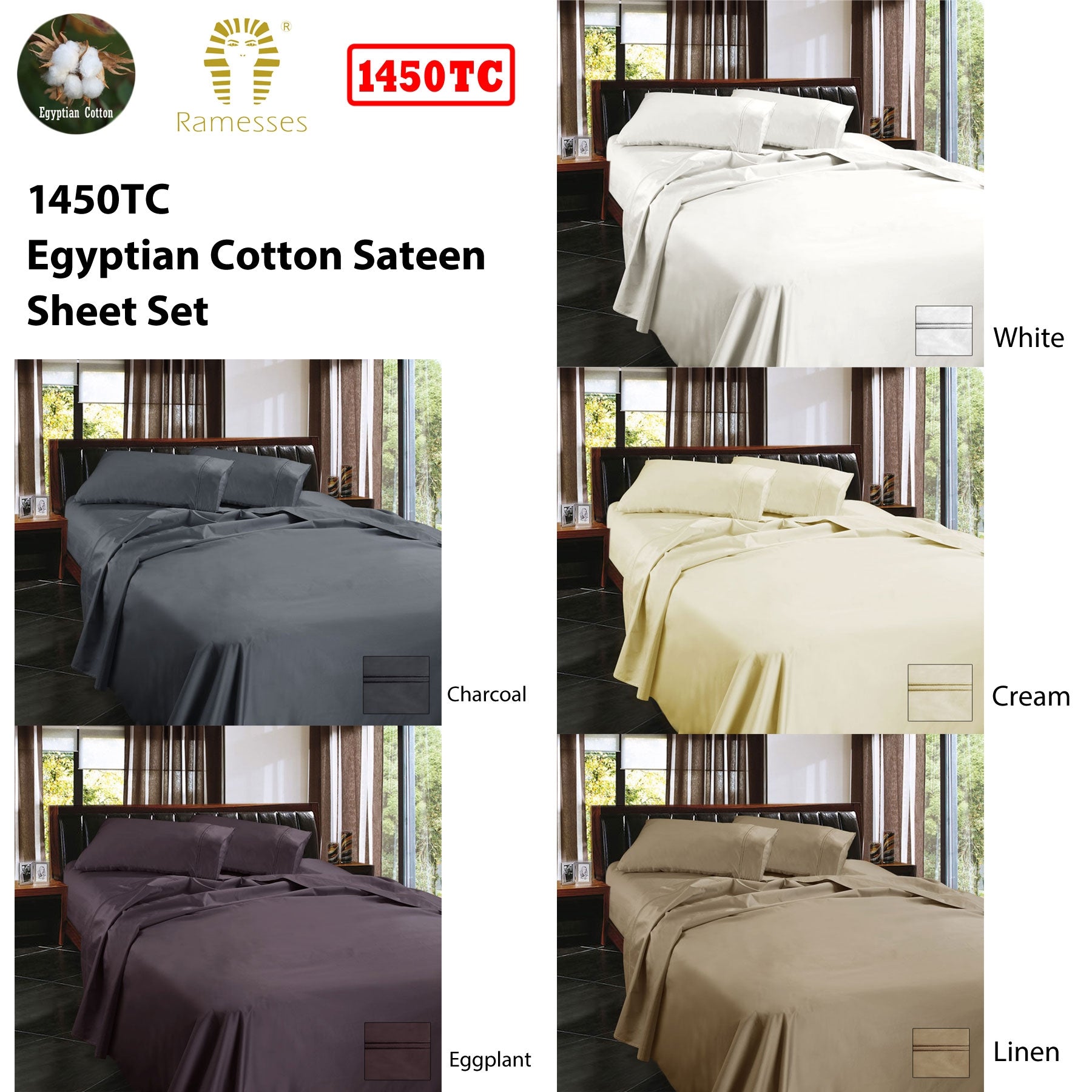 Ramesses 1450TC Egyptian Cotton Sateen Sheet Set Cream Queen