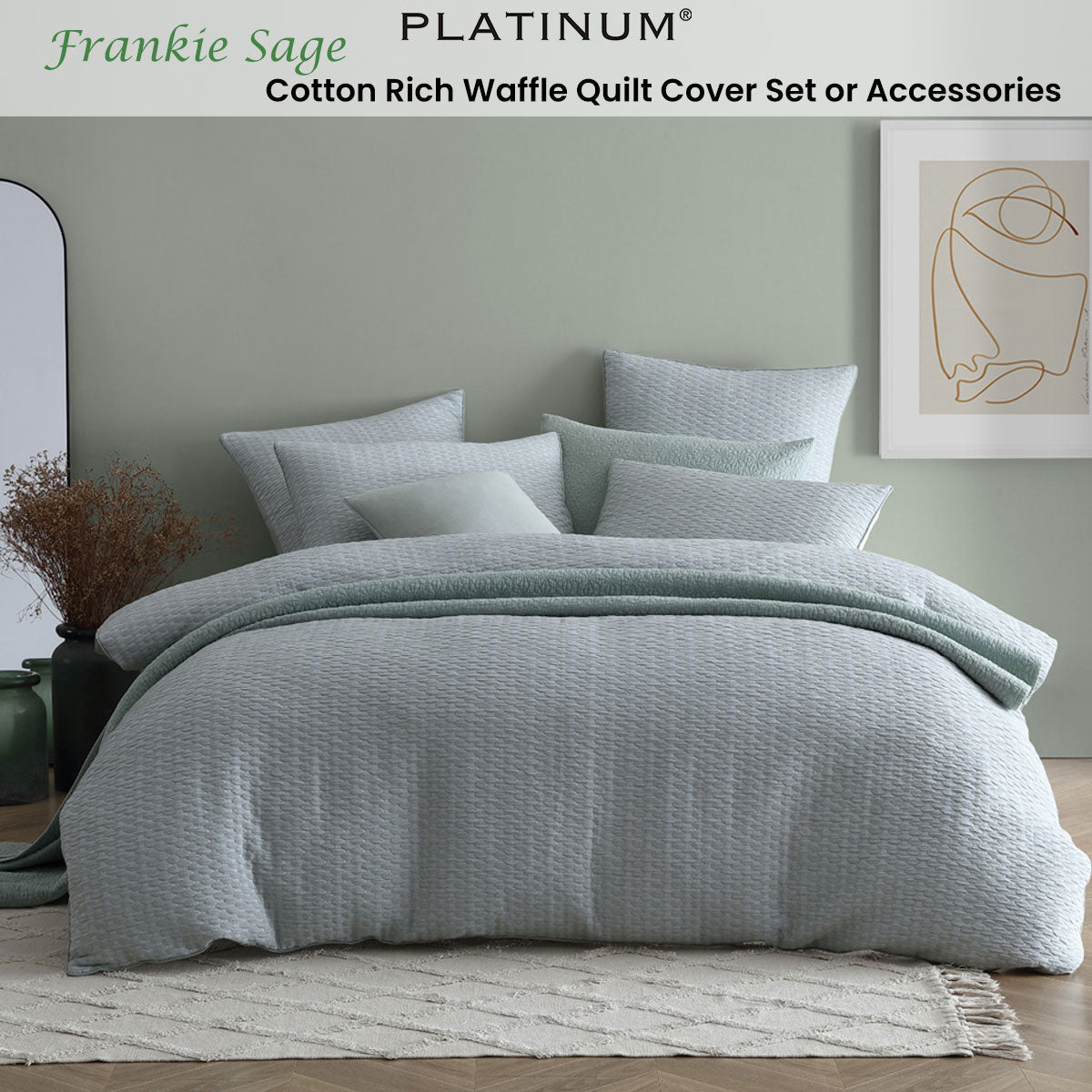 Platinum Collection Frankie Sage Cotton Rich Waffle Quilt Cover Set Queen