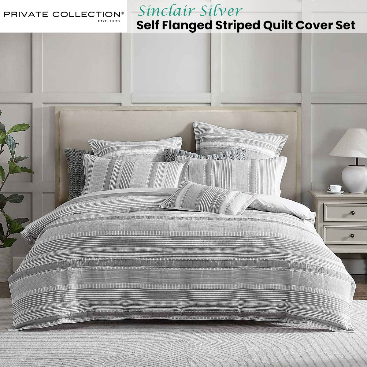 Private Collection Sinclair Silver Self Flanged Striped Quilt Cover Set Queen