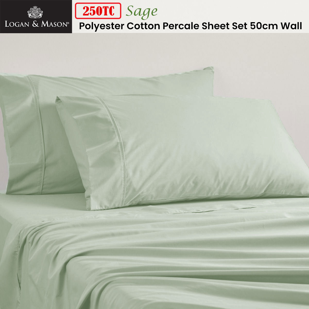 Logan and Mason 250TC 50% Polyester 50% Cotton Percale Sheet Set Sage 50cm Wall Double