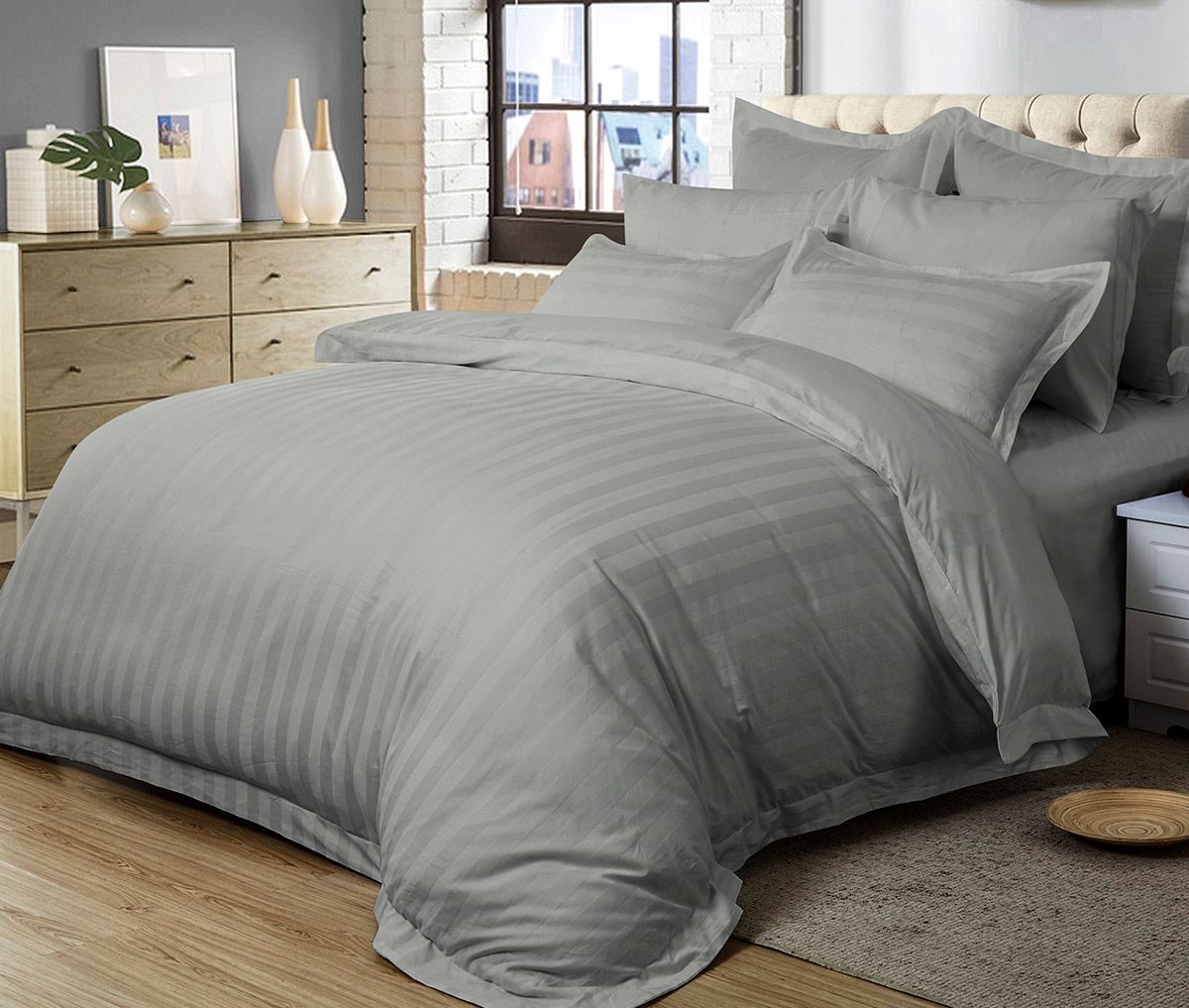 1000TC Ultra Soft Striped Grey Duvet Cover Set | King Size