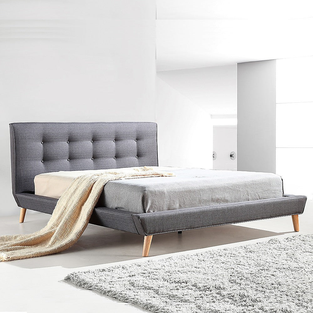 Palermo Grey Linen Double Bed Frame with Tufted Headboard