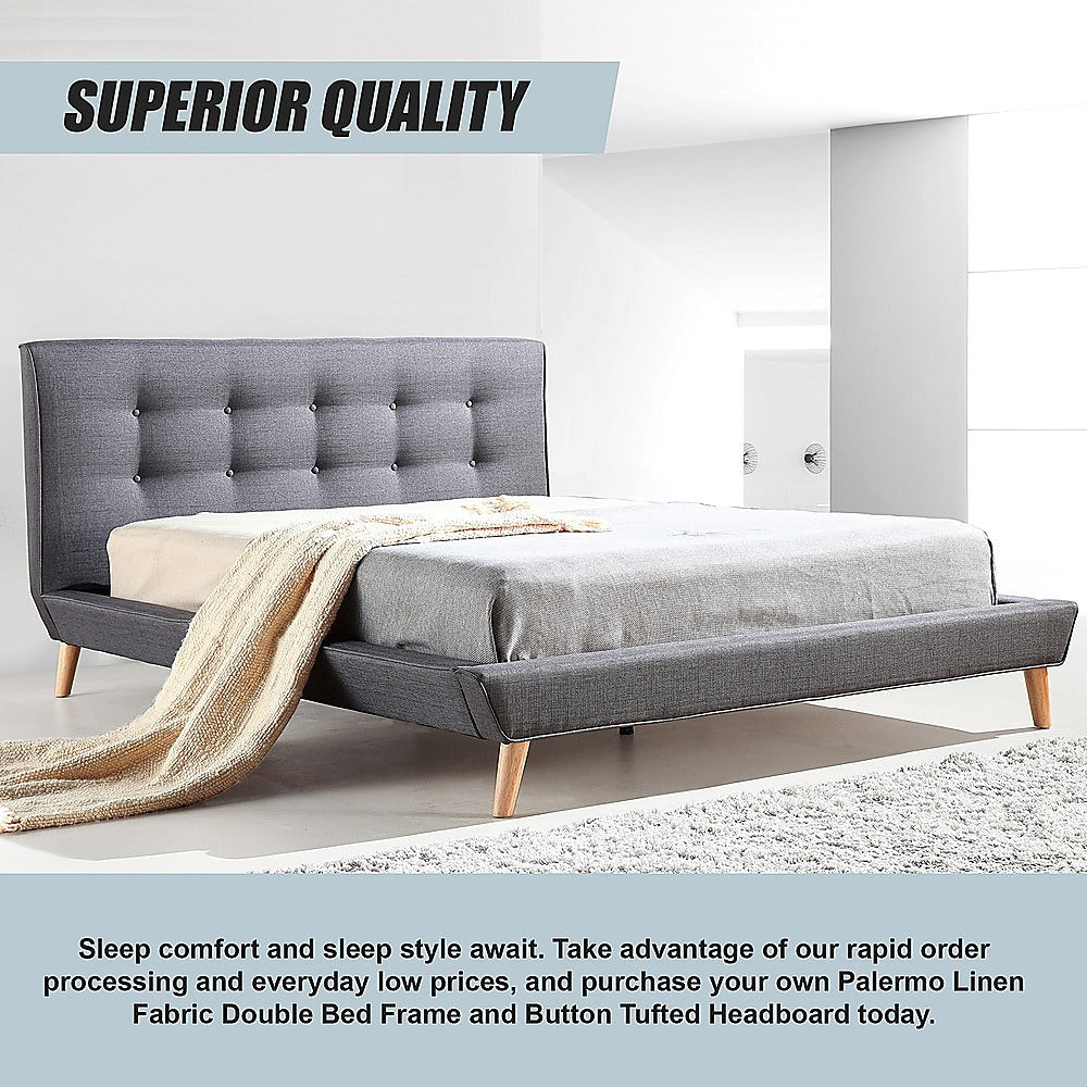 Palermo Grey Linen Double Bed Frame with Tufted Headboard