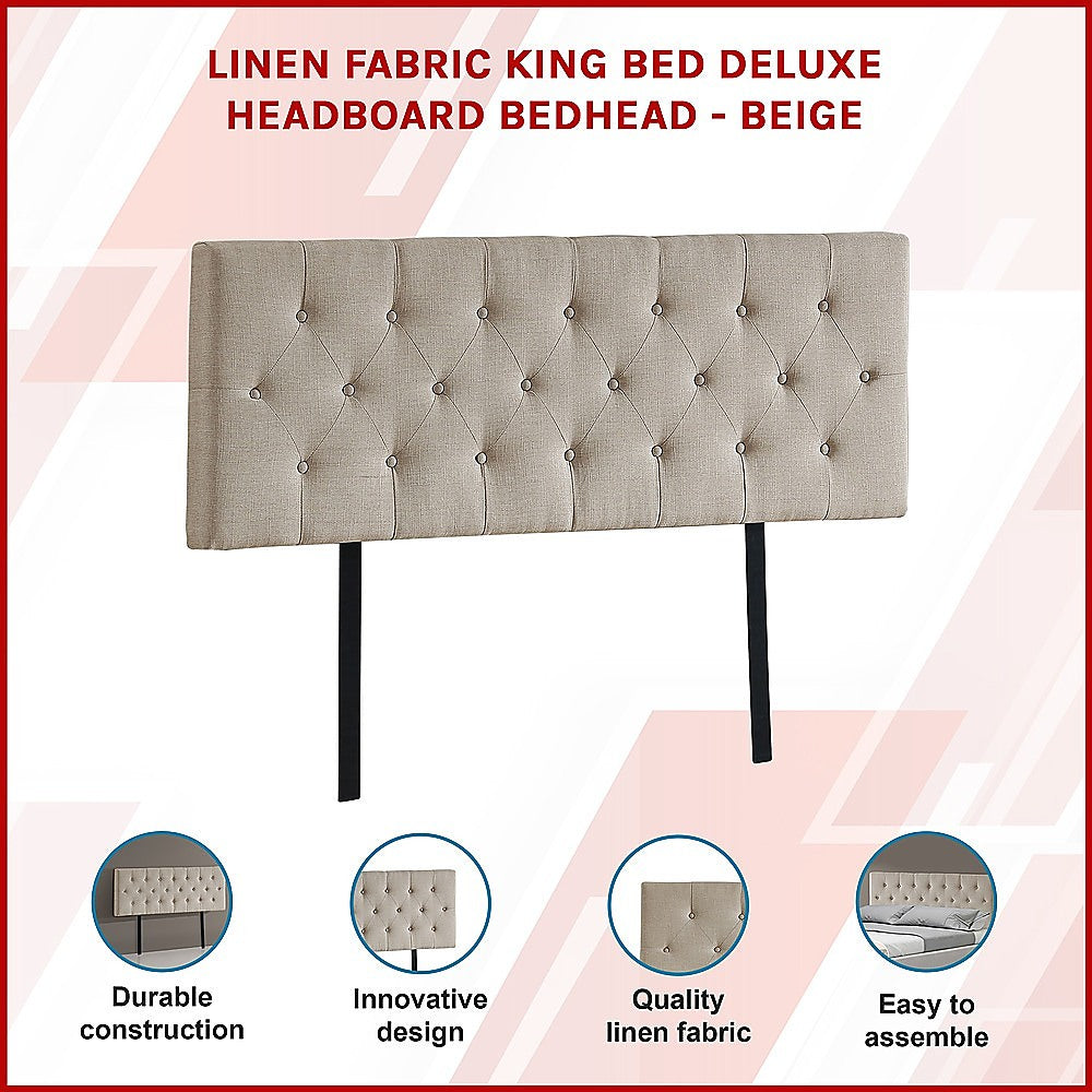 Linen Fabric King Bed Deluxe Headboard Bedhead Beige