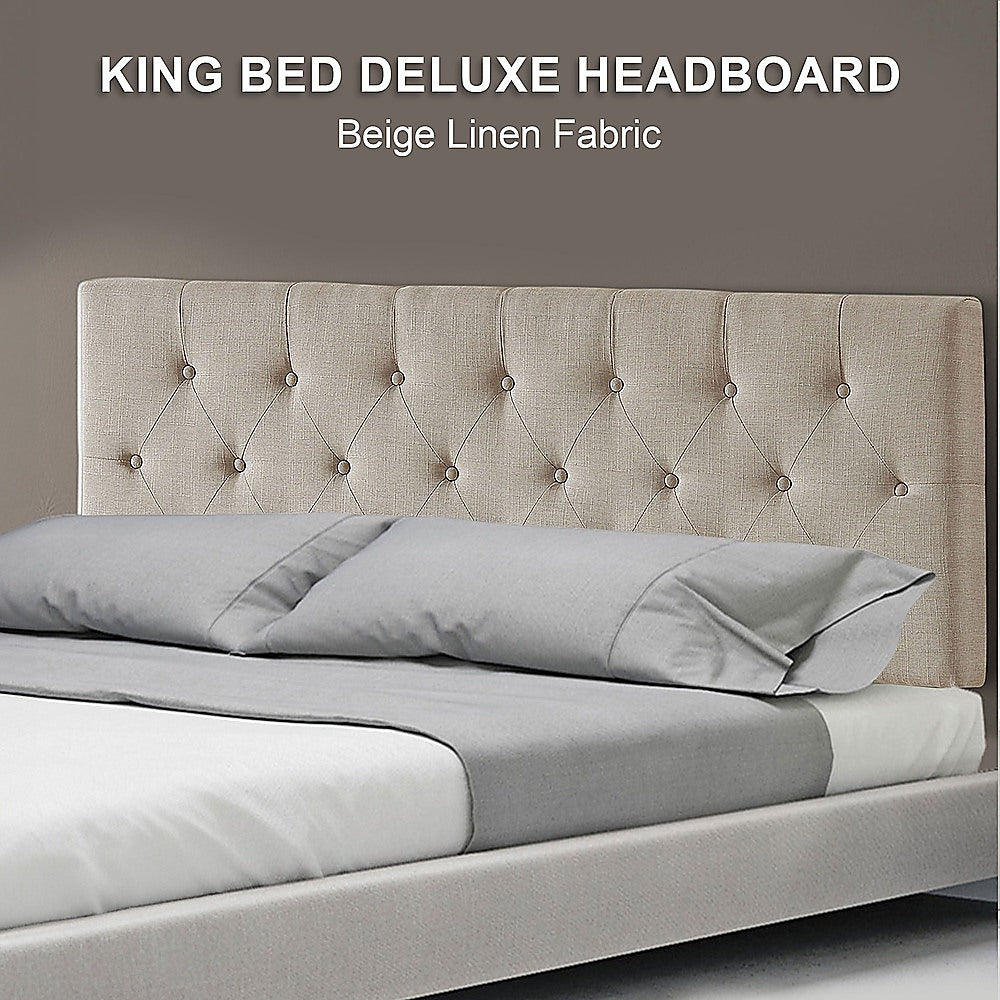 Linen Fabric King Bed Deluxe Headboard Bedhead Beige