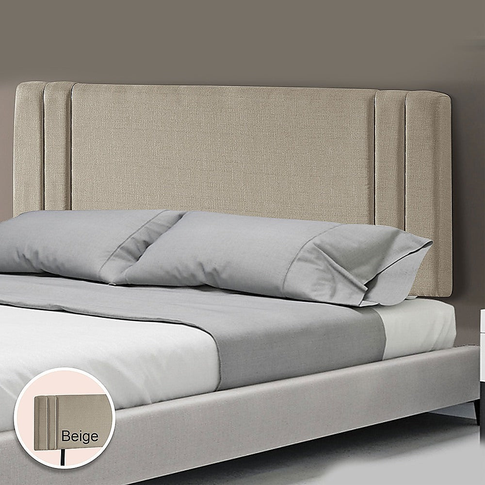 Beige Linen Double Bed Headboard with Designer Stitching