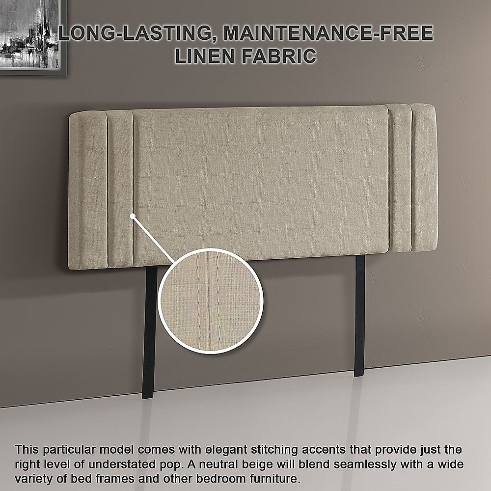 Beige Linen Double Bed Headboard with Designer Stitching