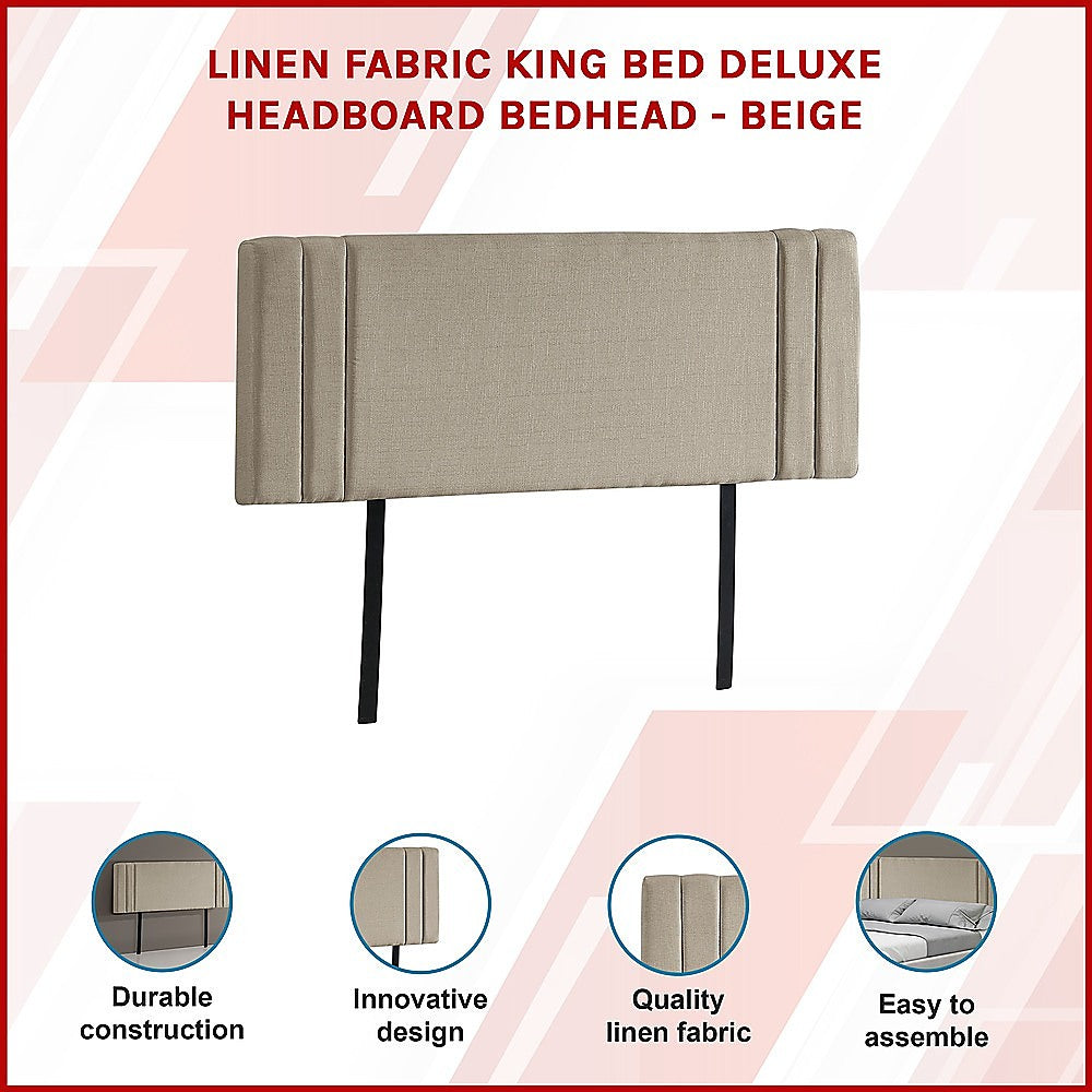 Linen King Bed Headboard with Designer Stitching | Beige