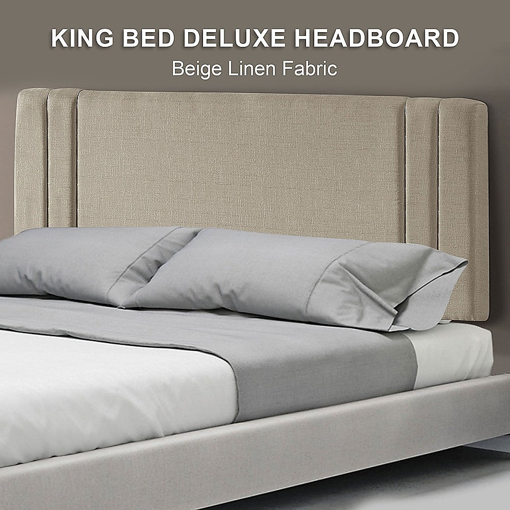 Linen King Bed Headboard with Designer Stitching | Beige