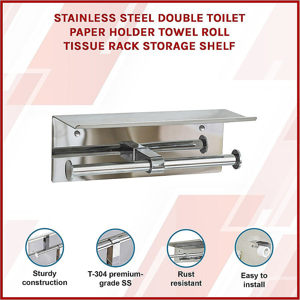 Stainless Steel Double Roll Toilet Paper Holder with Storage Shelf