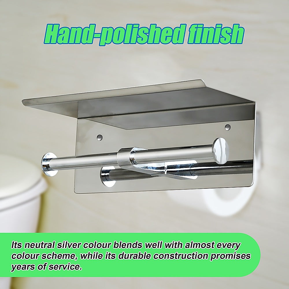 Stainless Steel Double Roll Toilet Paper Holder with Storage Shelf