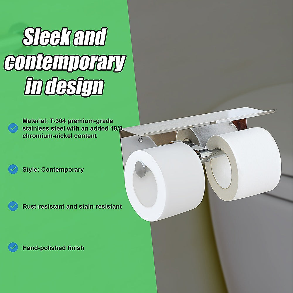 Stainless Steel Double Roll Toilet Paper Holder with Storage Shelf