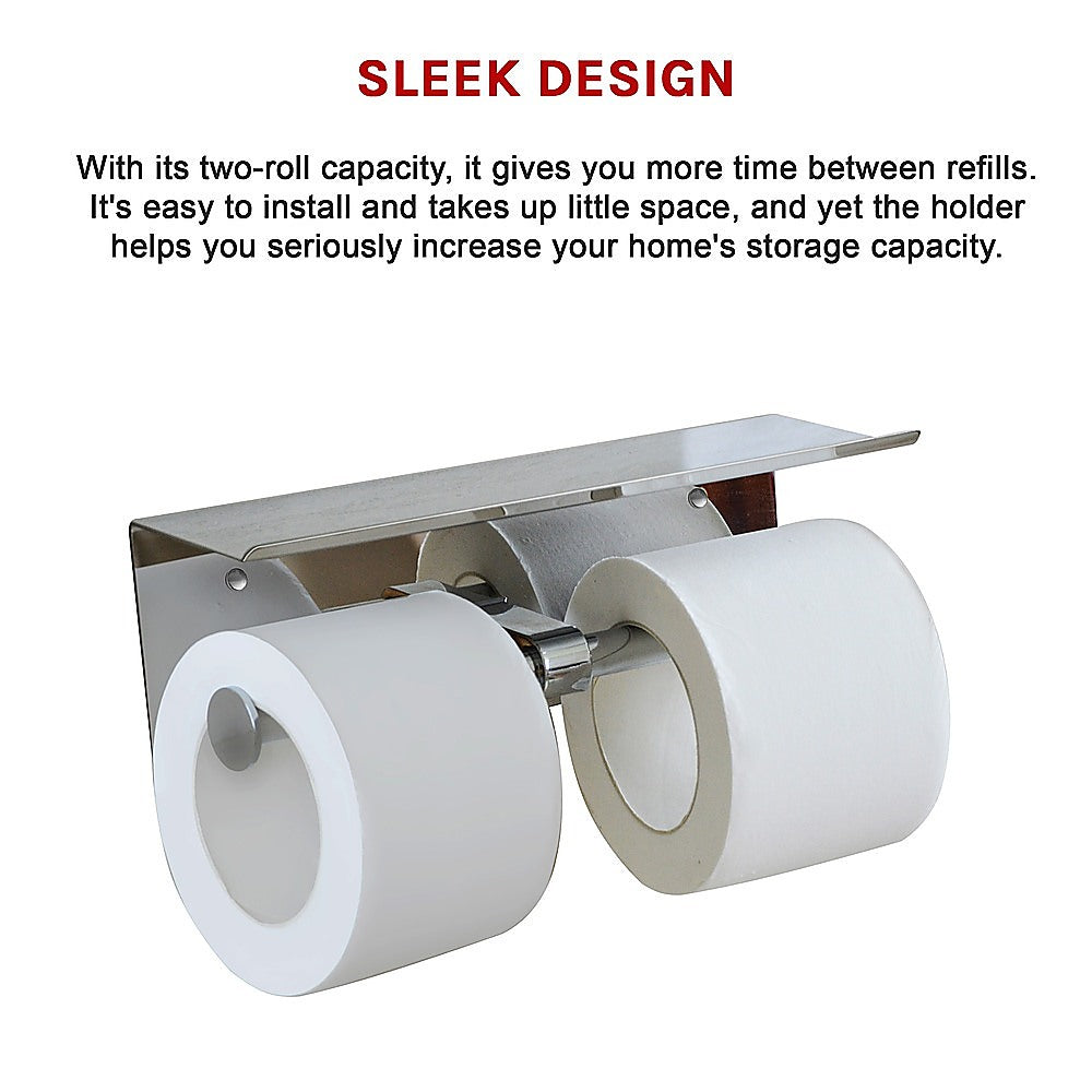 Stainless Steel Double Roll Toilet Paper Holder with Storage Shelf